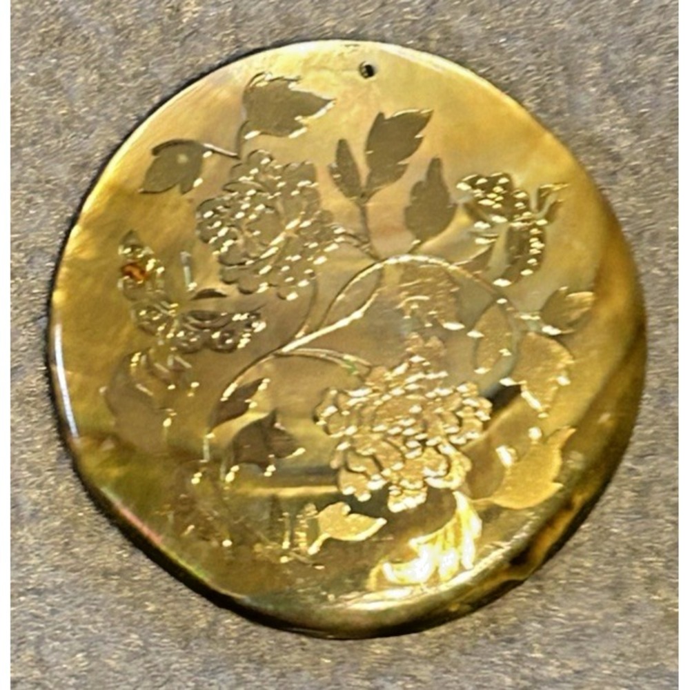 Vintage Fresh Water Pearl Abalone Pendant with Gold Flowers Leaves 2"